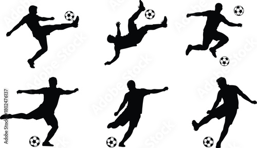 Soccer player silhouettes vector collection performing kicks, bicycle, volleys, and dribbles, black football icons set for sport, training, match, team design projects