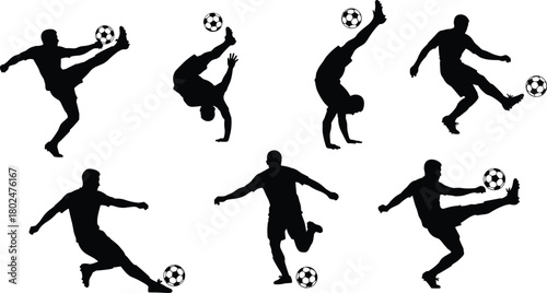 Soccer player silhouettes vector collection performing bicycle kicks, volleys, juggling and powerful shots, black football icons set for sport, training, match, team design.