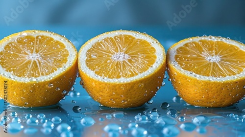 Bright lemon halves create a refreshing display on a cool blue surface