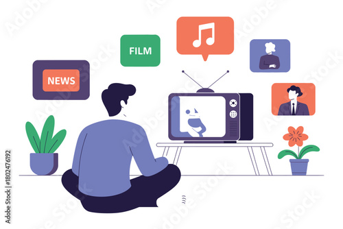 A person watches television and various media content in a room.