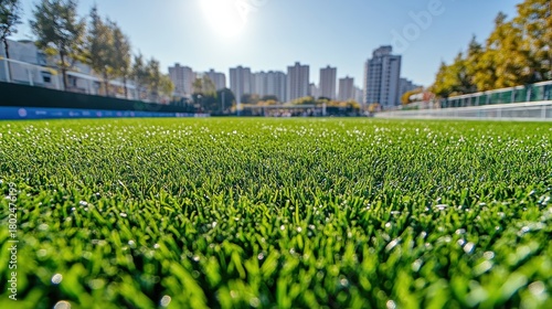 Lush green artificial grass glistens under the bright sun near modern buildings