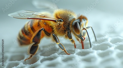 Close up view of a honey bee on a honeycomb during daytime in a garden
