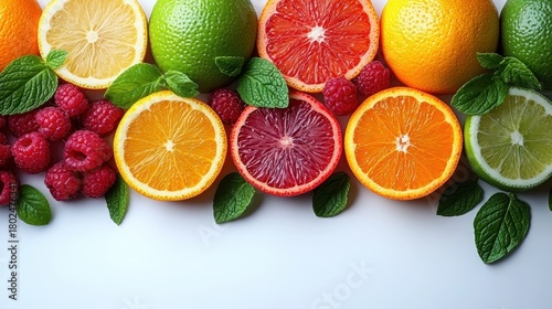 Vibrant citrus fruits and fresh berries arranged with mint leaves for a colorful display