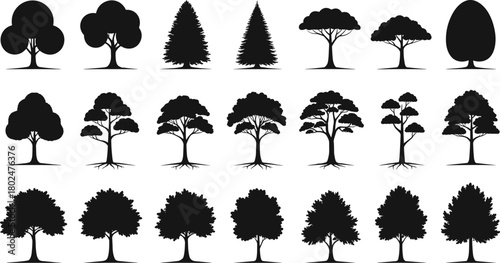 Tree silhouettes vector collection showcasing diverse species and shapes, black icons for nature, forest, landscape design, ecology, environmental branding resources.