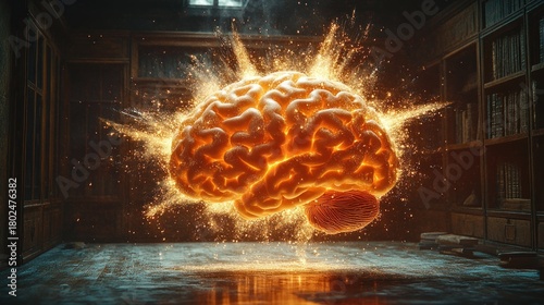 Creative explosion of thoughts in a dimly lit library at dusk