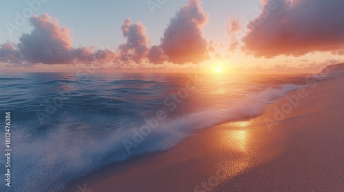 Vibrant sunrise illuminating the shoreline with gentle waves on a tranquil beach