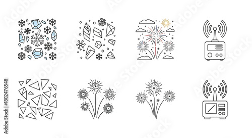 Geometric holiday icon set: snowflakes, fireworks, and technology in linear style