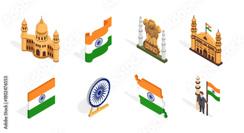Isometric indian landmarks and icons featuring flags and cultural symbols