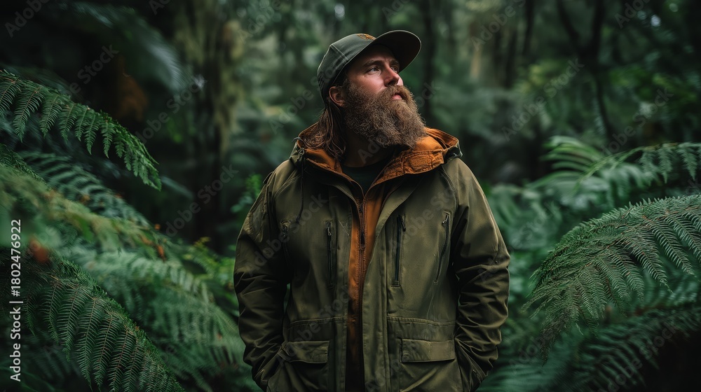Obraz premium jungle cartographer in expedition jacket standing confidently at green lush rain forest