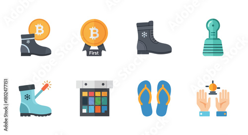 Flat icons of bitcoin, fashion footwear, color palette, and technology symbols