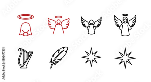 Stylized angel icons with halo and wings in minimalist design with harp, feather, star symbols