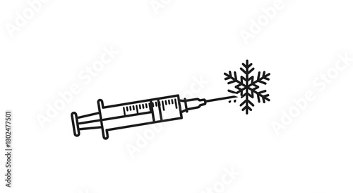 Winter vaccination concept: syringe with snowflake in minimalist line art style