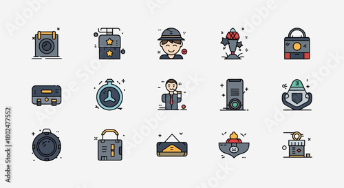 Colorful flat icons of travel, adventure, and photography elements