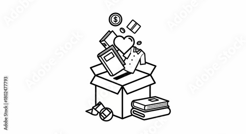 Simple unboxing: charity essentials in linear art for donation and giving concepts