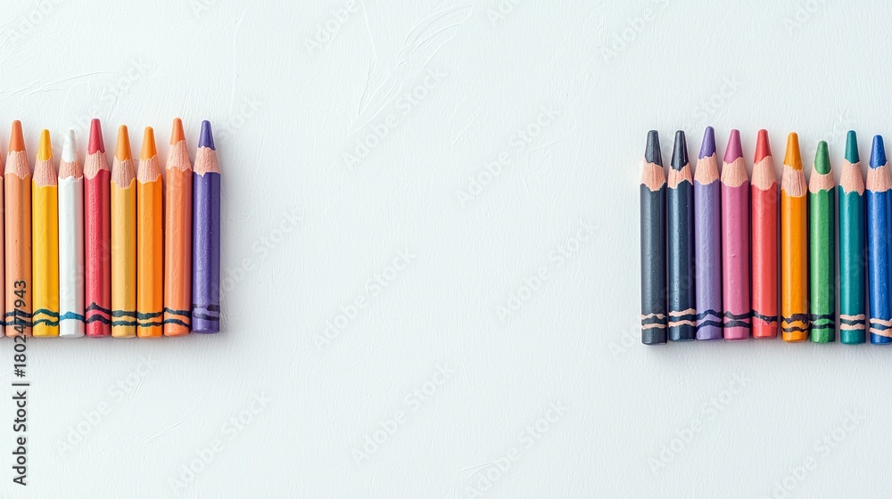 Fototapeta premium A collection of colored pencils are arranged in two distinct rows on a plain white surface, creating a visually balanced composition.