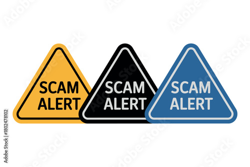 Three triangular warning signs with the text "SCAM ALERT" are displayed.