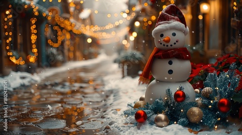Charming snowman with festive decorations on a snowy winter street at dusk
