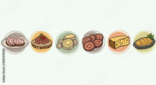 Hand-drawn culinary delight icons: cheese, mushrooms, meat, and more in a retro style