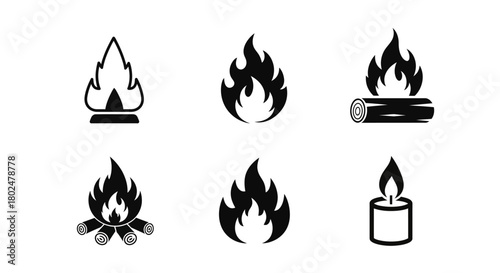 Set of black fire icons: campfire, flames, candle, and log designs