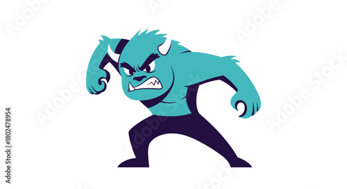 Fierce teal monster with fangs and claws in a dynamic pose on a white background.