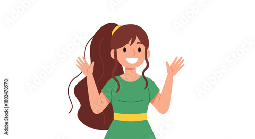 Cheerful cartoon woman with long brown hair in a ponytail and green dress, waving happily.