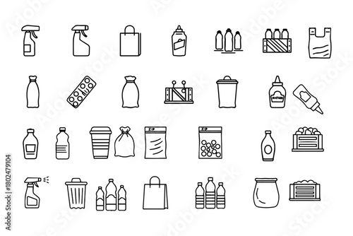 black Minimalist Plastic line icons set with editable stroke, featuring bottle, cup, zip plastic, bubble wrap, spray, bag, plastic bottles, pouch pop, trash bag