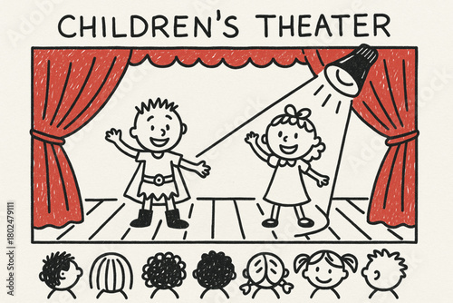 Children’s Theater Scene — Hand-Drawn Doodle Illustration with Stage, Red Curtain, and Spotlight