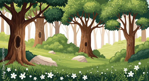 Enchanting forest glade filled with lush green trees, rocks, and delicate white wildflowers.