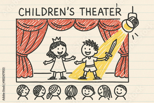 Children’s Theater Scene — Hand-Drawn Doodle Illustration with Stage, Red Curtain, and Spotlight