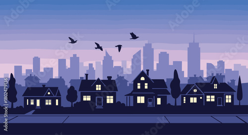 Silhouetted cityscape at dusk with birds flying over suburban homes.
