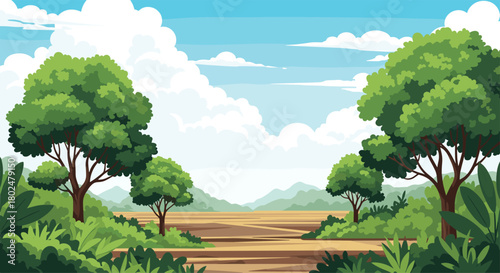 Lush green trees frame a wide, open field under a cloudy blue sky with distant mountains.