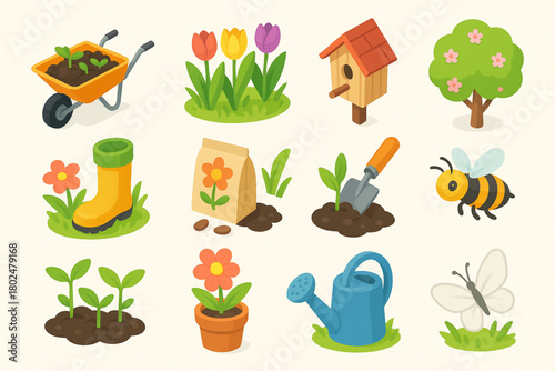 Spring Garden Icons — Colorful Isometric Vector Set of Seasonal Garden Awakening