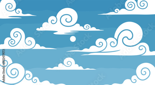 Stylized white clouds with swirling patterns float across a bright blue sky.