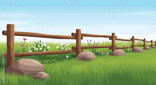 A rustic wooden fence runs through a vibrant green meadow dotted with wildflowers.