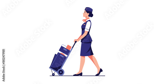 A flight attendant in uniform pushes a luggage cart with bags through an airport terminal.