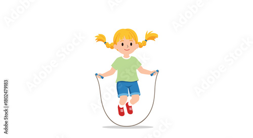 Cartoon girl with blonde pigtails joyfully skipping rope in mid-air.