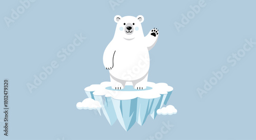 Cute polar bear waving hello on a small melting ice floe with clouds.