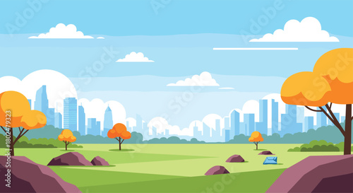 A serene cityscape viewed from a park with autumn trees and clear blue skies.