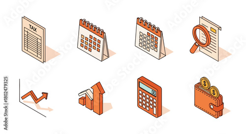 Isometric finance and business icon set featuring calendars and calculators