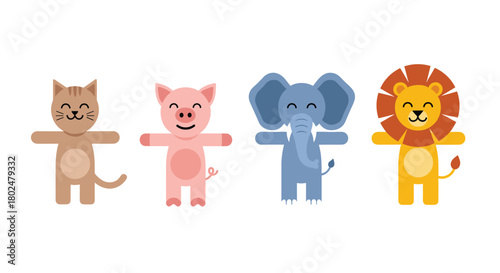 A playful cartoon illustration features a cat, a pig, an elephant, and a lion standing side by side with their arms outstretched.