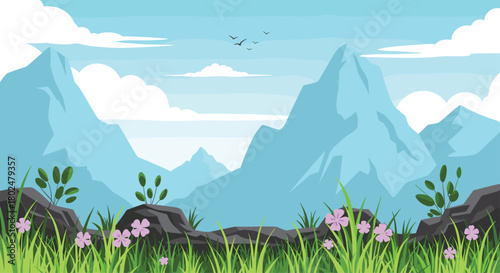 Stylized mountain landscape with lush green grass and purple flowers in the foreground.
