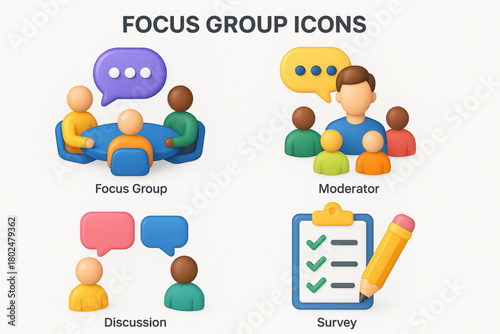 Focus Group Icons — 3D Vector Set Illustrating Focus Group Process