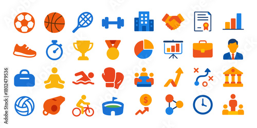 Sports, Fitness and Business Flat Icon Set