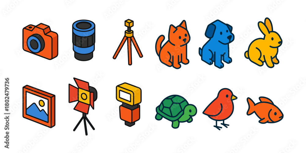 Fototapeta premium Photography and Pets Isometric Icon Set