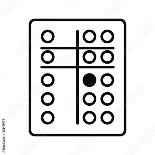 Minimalist game interface icon with grid, displaying empty circles and one filled black circle, symbolizing a selection or action point.