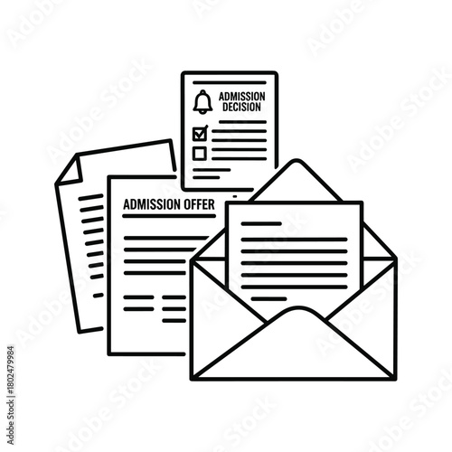 Admission decision and offer documents, with an open envelope. educational acceptance, university enrollment concept illustration.