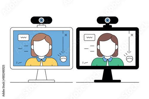 Two computer screens display video calls with animated female avatars using webcams and mice.