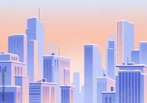 Pastel city skyline in soft sunrise colors soft-flat semi-realistic urban landscape vector illustration