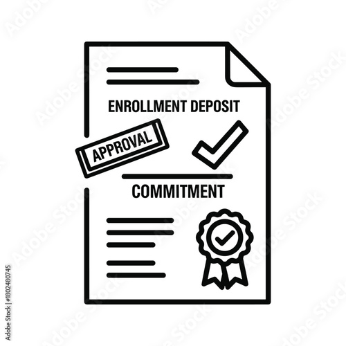 Enrollment deposit and commitment document outline icon with approval stamp and verified checkmark for official agreement.