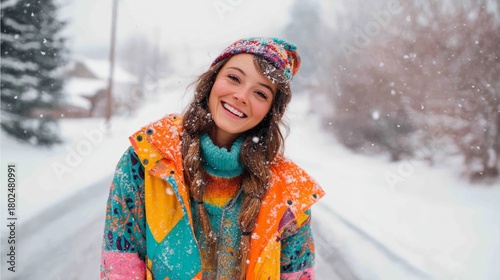 A woman wearing a colorful outfit laughs softly at the camera on a snowy day. Her gentle smile and vibrant clothing contrast beautifully with the white snow, creating a warm and joyful winter moment